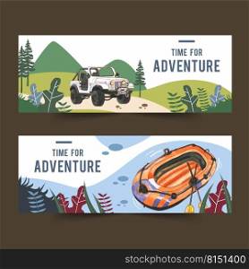 C&ing banner design with car, boat watercolor illustration    