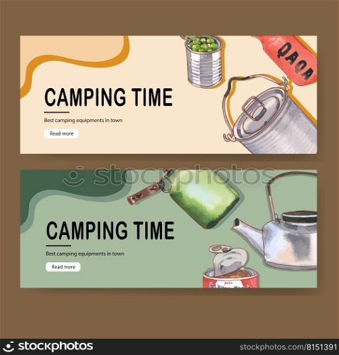 C&ing banner design with kettle, food, flask, pot watercolor illustration    