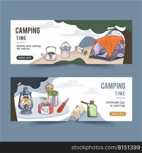 C&ing banner design with lantern, tent, pot, penknife, map  watercolor illustration    