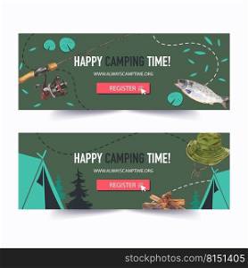 C&ing banner design with rod, fish, tent, firewood watercolor illustration    