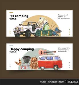 C&ing banner design with van, guitar, hiking boots, backpack watercolor illustration    