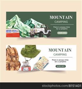 C&ing banner design with van, mountain, backpack, map watercolor illustration    