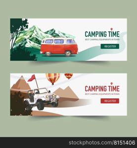 C&ing banner design with van, mountain, tree watercolor illustration    