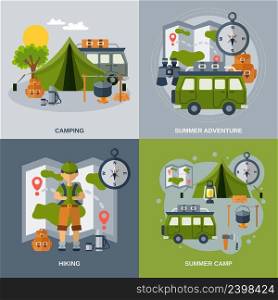 C&ing design concept set with hiking and summer adventure flat icons isolated vector illustration. C&ing Flat Icons Set