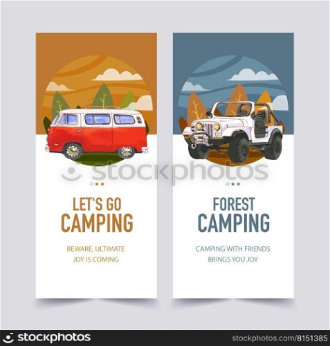 C&ing flyer design  van, tree, jeep watercolor illustration.