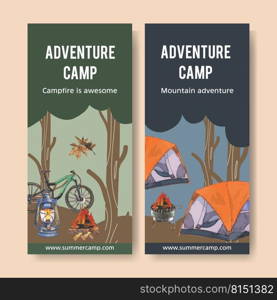 C&ing flyer design with c&fire, bicycle, tent, lantern watercolor illustration.