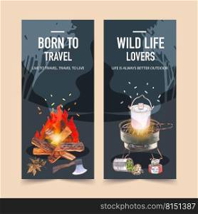 C&ing flyer design with grill stove, c&pot, bonfire watercolor illustration.