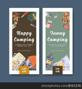 C&ing flyer design with lantern, tent, penknife watercolor illustration.