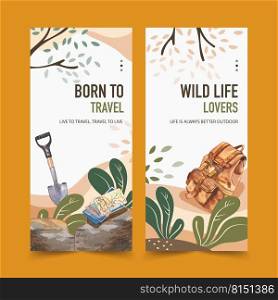 C&ing flyer design with shovel, trail map, backpack, tree watercolor illustration.
