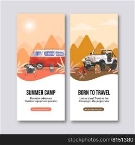 C&ing flyer design with tent, grill stove, inflatable boat watercolor illustration.