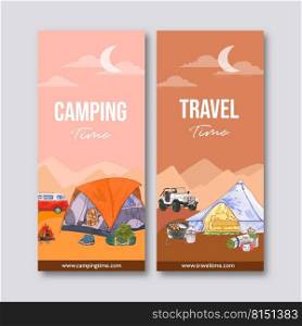 C&ing flyer design with tent, van, backpack, canned food watercolor illustration.
