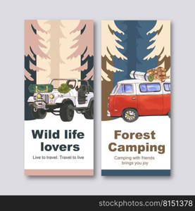C&ing flyer design with van, backpack, bucket hat, tent watercolor illustration.
