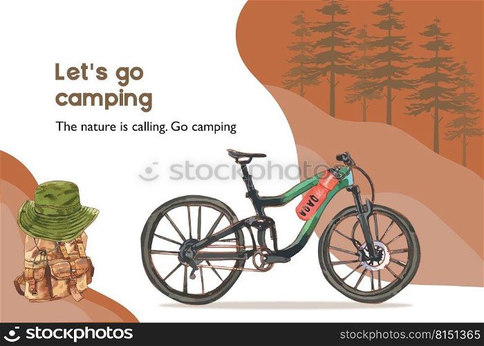 C&ing frame design with bicycle, backpack, bucket hat, flask watercolor illustration. 