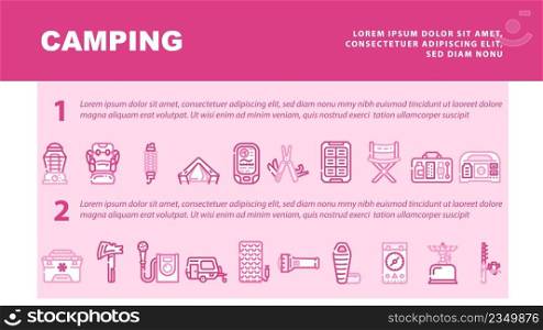 C&ing Hiker Tool And Gadget Landing Web Page Header Banner Template Vector. C&ing Trailer And Furniture, Freezer Bag And Mobile Shower, Multifunctional Survival Bracelet And Backpack Illustration. C&ing Hiker Tool And Gadget Landing Header Vector
