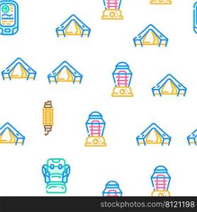 C&ing Hiker Tool And Gadget Vector Seamless Pattern Color Line Illustration. C&ing Hiker Tool And Gadget Icons Set Vector