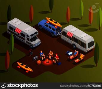 C&ing hiking isometric icons composition with motor home trailers paddle boats and human characters with c&fire vector illustration. Friendly C&ing Isometric Composition