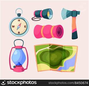 C&ing. Outdoor picnic equipment tools for earth exploration travellers binocular forest knife hiking items garish vector cartoon illustrations isolated. Outdoor c&tools adventure. C&ing. Outdoor picnic equipment tools for earth exploration travellers binocular forest knife hiking items garish vector cartoon illustrations isolated