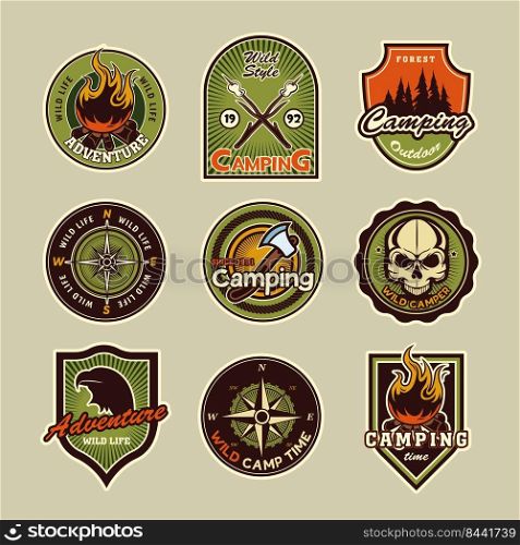 C&ing patches set. Vintage logos, emblems and badges with text, eagle, compass, c&fire illustrations. Can be used for adventure tourism, mountain trekking topics