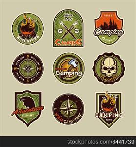 C&ing patches set. Vintage logos, emblems and badges with text, eagle, compass, c&fire illustrations. Can be used for adventure tourism, mountain trekking topics