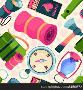 C&ing pattern. Outdoor items for hiking earth exploration c&ing tools knife tent binoculars garish vector seamless background in cartoon style. Illustration of c&pattern, activity tourist. C&ing pattern. Outdoor items for hiking earth exploration c&ing tools knife tent binoculars garish vector seamless background in cartoon style