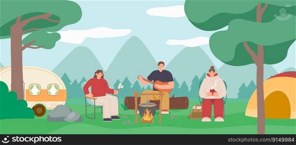 C&ing people landscape, tent and bonfire near c&. Vector of landscape bonfire outdoor, summer adventure and recreation holiday illustration. C&ing people landscape, tent and bonfire near c&