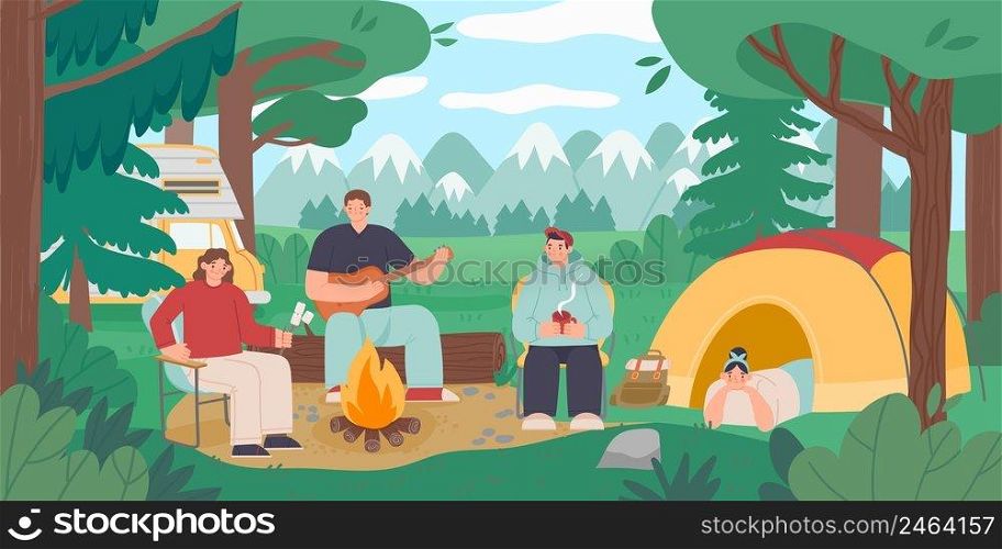 C&ing people landscape. Tourist persons sitting around bonfire on nature, active vacation scene. Vector illustration. Man and woman relaxing outdoor in c&ground. Tourists in trip. C&ing people landscape. Tourist persons sitting around bonfire on nature, active vacation scene. Vector illustration