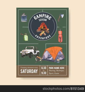 C&ing poster design with axe, c&fire, car, grill stove watercolor illustration