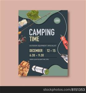 C&ing poster design with bucket hat, rod, fish, backpack watercolor illustration    