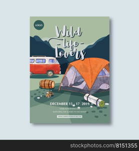 C&ing poster design with tent, bucket, van, mountain watercolor illustration    