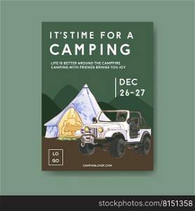 C&ing poster design with tent, car, mountain watercolor illustration    