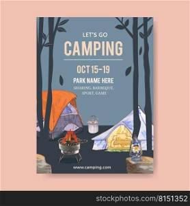 C&ing poster design with tent, pot, grill stove, lantern watercolor illustration    