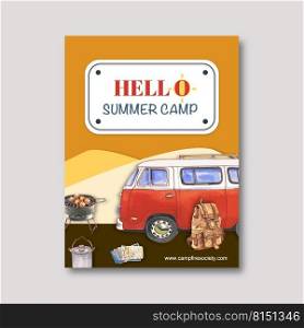 C&ing poster design with van, grill stove, barbeque, pot watercolor illustration    