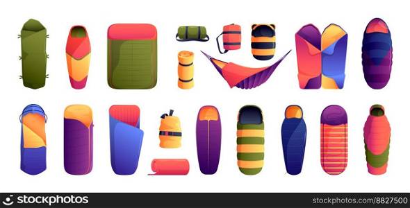 C&ing sleeping bags. Tourist rolled bed on zipper with warm blanket cartoon flat style, travel mat compression outdoor c&equipment. Vector set of travel and hiking equipment illustration. C&ing sleeping bags. Tourist rolled bed on zipper with warm blanket cartoon flat style, travel mat compression outdoor c&equipment. Vector set