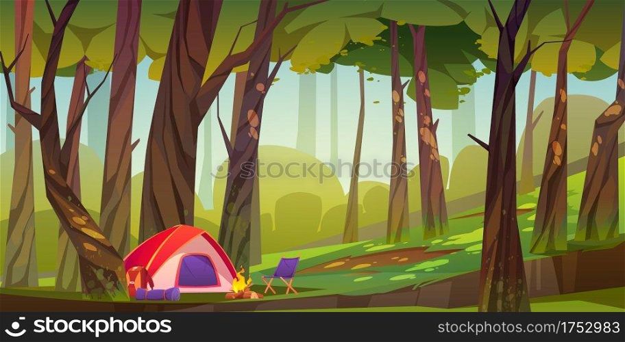 C&ing tent with c&fire and tourist stuff in forest, traveler halt with backpack, chair and mat on nature landscape with deciduous trees. Scenery summer or spring wood Cartoon vector illustration. C&ing tent with fire and tourist stuff in forest
