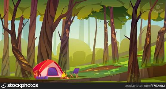 C&ing tent with c&fire and tourist stuff in forest, traveler halt with backpack, chair and mat on nature landscape with deciduous trees. Scenery summer or spring wood Cartoon vector illustration. C&ing tent with fire and tourist stuff in forest