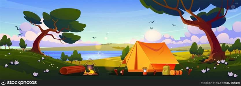 C&ing tent with c&fire and tourist stuff on field with trees near lake. Traveler halt on nature landscape scenery view, summer time hiking, travel, tourism recreation, Cartoon vector illustration. C&ing tent with c&fire and tourist equipment