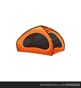 C&ing tent with one room isolated realistic icon. Vector orange cartoon tent, sport and travel touristic marquees with big net on windows. Hiking equipment, c&site house for outdoor recreation. One room c&ing tent, outdoor orange hiking home