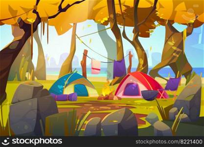 C&ing tents with fire and tourist stuff in autumn forest, traveler halt with chair, drying clothes on nature landscape with trees and sea scenery view, hiking or travel Cartoon vector illustration. C&ing tents with fire and tourist stuff in autumn forest