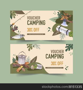 C&ing voucher design with axe, rod,  pot, canned food watercolor illustration.