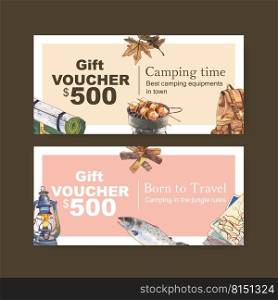 C&ing voucher design with backpack, firewood, map, lantern watercolor illustration.