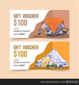 C&ing voucher design with backpack, lantern, hiking boots watercolor illustration.