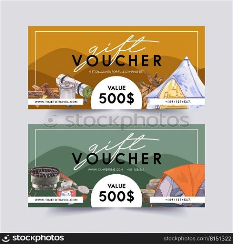C&ing voucher design with c&pot, tent, stove, food watercolor illustration.