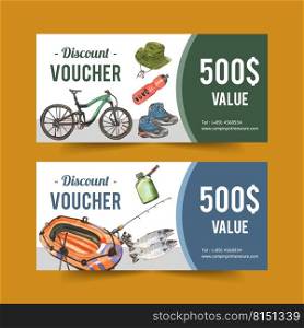 C&ing voucher design with hiking boots, rod, boat watercolor isolated illustration.