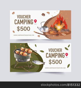 C&ing voucher design with kettle, c&fire, barbeque, stove watercolor illustration.