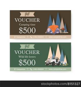 C&ing voucher design with tent, grill stove, car watercolor illustration.