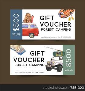 C&ing voucher design with van, backpack, boat watercolor isolated illustration.