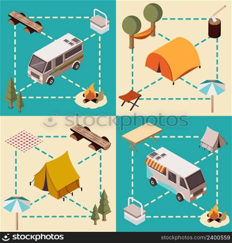 C&isometric compositions with lines vehicles and tourist equipment forest elements and bonfire isolated vector illustration. C&Isometric Compositions