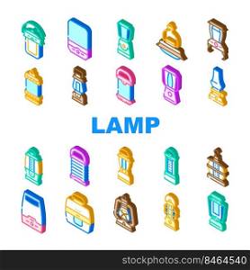 C&L&Lighting Equipment Icons Set Vector. Vintage And Modern Electronic C&L&Outdoor Device, Oil And Paraffin, Light Portable Gadget With Motion Sensor Isometric Sign Color Illustrations. C&L&Lighting Equipment Icons Set Vector