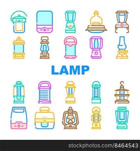 C&L&Lighting Equipment Icons Set Vector. Vintage And Modern Electronic C&L&Outdoor Device, Oil And Paraffin, Light Portable Gadget With Motion Sensor Color Illustrations. C&L&Lighting Equipment Icons Set Vector