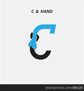 C - Letter abstract icon & hands logo design vector template.Itaic style.Business offer,partnership symbol.Hope,help concept.Support,teamwork sign.Corporate business & education logotype symbol.Vector illustration